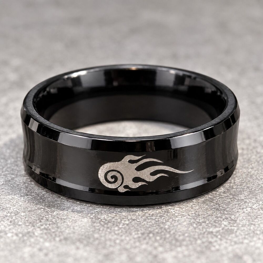 Black Stainless Steel Flame Ring Silver Tribal Scroll Men’s Band Size 11